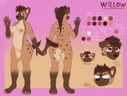 anthro brown_body brown_fur female fur graviidy hi_res hyena magenta_eyes mammal model_sheet pink_eyes reference_to_character simple_background solo tan_body tan_fur willow_(graviidy)
