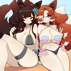2girls big_breasts bikini black_hair breasts commission ear_tuft female female_only flower_in_hair fox_ears fox_girl fox_tail furry_tail grin grinning_at_viewer hair_over_one_eye hi_res j5daigada kitsune looking_at_viewer multi_tail orange_hair shell_bikini silver_hair sitting skimpy skimpy_bikini slit_pupils smiling smiling_at_viewer tail thick_thighs thigh_strap white_highlights