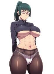 abs ai_generated glasses green_hair jujutsu_kaisen maki_zenin panties pantyhose randomran school_uniform thick_thighs thighs underboob white_panties zenin_maki