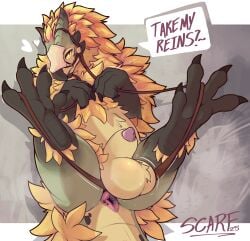 animal_genitalia anus balls big_balls bird_wyvern capcom claws english_text feral genitals hi_res horn male monster_hunter presenting reins scafen_(artist) seikret sheath solo tail text