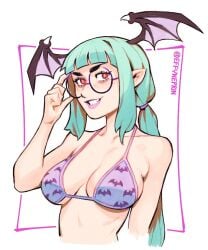 1girls adult adult_female bare_arms bare_belly bare_chest bare_hands bare_midriff bare_shoulders bare_skin belly belly_button big_breasts bikini bikini_only bikini_top breasts busty busty_female busty_girl capcom collarbone darkstalkers digital_drawing digital_media effyneprin elbows exposed_arms exposed_belly exposed_chest exposed_midriff exposed_shoulders exposed_skin female female_focus female_only fingers freckles_on_face frecklesfreckle glasses glasses_on_face glasses_on_head halterneck head_wings high_resolution highres large_breasts lean_figure lips long_hair looking_at_viewer mature mature_female midriff morrigan_aensland narrow_waist navel parted_lips plump_breasts ponytail purple_bikini purple_bikini_top purple_lips purple_lipstick purple_string_bikini purple_swimsuit purple_swimwear red_eyes red_eyes_female shoulders sidelocks simple_background slender_body slender_waist slim_waist smile smiley_face smiling smiling_at_viewer solo standing string_bikini swimsuit swimwear turquoise_eyebrows turquoise_hair turquoise_hair_female upper_body white_background