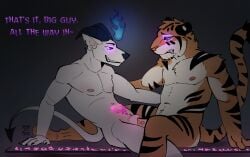absurd_res altar animal_genitalia anthro bodily_fluids canid canid_demon canine demon digital_media_(artwork) drooling duo ear_piercing english_text felid fire fur genitals glowing glowing_eyes glowing_markings hellhound hi_res horn humanoid hypnosis juno_(picantetortuga) magic male male/male mammal markings mind_control muscular mythological_canine mythological_creature mythology nipple_piercing nipples nude pantherine penetration penis picantetortuga piercing runes saliva sex sheath sheath_penetration sheath_play simple_background smile spiral spiral_eyes stripes tail tattoo teeth temptation text tiger white_body white_fur womb_tattoo