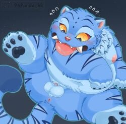 2025 96panda anthro anus ass balls blue_body blue_fur blush bodily_fluids derpy_(kpopdemonhunters) felid fur genitals hi_res kemono kpop_demon_hunters male mammal micropenis moobs nipples overweight overweight_male pantherine penis small_penis solo sweat tiger tongue tongue_out