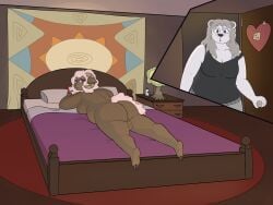 absurd_res anthro ass backsack balls bear bed bed_sheet bedding big_butt blue_eyes bottomwear bovid brown_body brown_fur butt_focus caprine carpet clothed clothed_anthro clothing crispymutton door door_handle doorway duo female fur furniture genitals grey_bottomwear grey_clothing grey_hair grey_pants hair heart_symbol hi_res lamp mammal nintendo nintendo_ds_family note pants pink_body pink_fur pink_hair pink_tail pink_wool polar_bear purple_eyes sheep shirt solo_focus tail tank_top tapestry topwear ursine white_body white_fur wool_(fur)