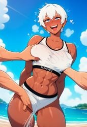 ai_generated beach bikini bleached bleached_clothing crying elena_(street_fighter) fingering fondling_breast pleasure_face questionable_consent slutty_outfit squirting street_fighter sunny touching