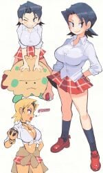 black breasts cleavage female gyaru huge_breasts inkerton-kun lass_(pokemon) pokemon shroomish skirt thong