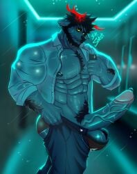 2025 abs absurd_res anthro antlers arm_hair artist_name ball_tuft balls barazoku bathroom black_hair bodily_fluids body_hair bottomwear bulge chest_hair clothed clothing collared_shirt deer digital_media_(artwork) ear_piercing electronics facial_hair genital_fluids genitals glowing glowing_horn hair hi_res holding_object holding_phone horn male mammal muscular muscular_anthro muscular_male nipples pants partially_clothed pecs penis phone piercing precum pubes public_restroom selfie shirt smile smiling_at_viewer solo srzant text topwear tuft unbuttoned_shirt underwear vein veiny_penis yellow_sclera