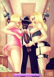 100_dollar_bill 2girls bank_robber big_penis bimbo blonde_hair breasts cash clothing cock dark-skinned_male dark_skin female firearm fishnet_stockings garter_straps gun hair_over_one_eye holding_penis human interracial john_persons large_breasts male manual michi_(artist) pale_skin rifle submachine_gun thompson_submachine_gun threesome weapon