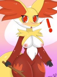 1girls areolae breasts canine delphox eyelashes eyewear female fox furry inner_ear_fluff looking_at_viewer mammal nintendo nipples open_mouth pokemon red_eyes sblueicecream solo standing stick surprised text video_games