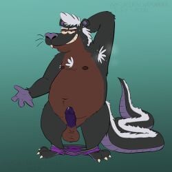 2025 anthro armpit_hair balls belly black_body body_hair clothed clothing erection genitals hi_res hybrid male mammal mephitid murid murine musk nipples partially_clothed penis rat rodent simple_background skunk slightly_chubby solo srirachamander standing underwear underwear_down