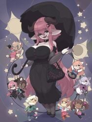 1girls anthro big_breasts black_dress black_eyes caprine doll dress female female_only fishnet_sleeves fishnet_stockings fishnets goat goth handbag hi_res horizontal_pupils horns long_dress long_hair looking_at_viewer narrowed_eyes original original_character pink_hair skecchiart smiling smiling_at_viewer solo umbrella very_long_hair wide_hips