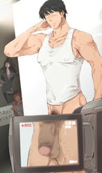 2boys blush body_hair bottomless camera female flaccid foreskin idolmaster idolmaster_cinderella_girls male_focus multiple_boys muscles penis producer_(idolmaster) producer_(idolmaster_cinderella_girls_anime) recording testicles text translation_request undressing