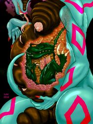 anthro cum dinosaur drooling duo female hi_res lokidragon87 male naga nipples open_mouth raptor reptile saliva scalie snake theropod vore xia_the_voracious