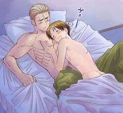 2boys axis_powers_hetalia bed blanket blush dreaming feliciano_vargas germany_(hetalia) italy_(hetalia) ludwig_weillschmidt lying male_only masanori multiple_boys muscle nipples pecs pillow size_difference sleeping smile