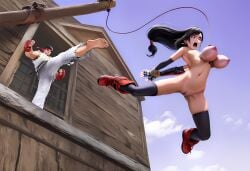 1boy 1girl1boy ai_generated bound_wrists breasts crossover exercising falling female final_fantasy final_fantasy_vii final_fantasy_vii_remake imminent_pain kicking male master_and_student red_eyes rope rope_between_breasts rope_harness ryu_(street_fighter) shocked_expression street_fighter tifa_lockhart training