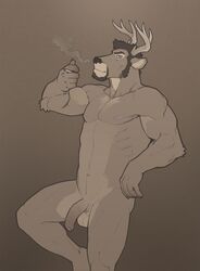 1boy anthro antlers armpits balls biceps big_muscles big_penis black_nose bottomless bubba_varmint cervine cigarette clothed clothing deer facial_hair flaccid goatee horn looking_at_viewer male male_only mammal medial_ring muscular muscular_male nipples nude pecs penis smoke smoking solo superslickslasher uncut