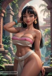 ai_generated bare_shoulders black_hair blunt_bangs blurry_background bracelet breasts brown_eyes chel chel_(the_road_to_el_dorado) cleavage collarbone covered_nipples cowboy_shot crop_top dark_skin darkskinned_female day earrings female jewelry large_breasts lips loincloth long_hair looking_at_viewer midriff navel no_panties outdoors patreon_logo patreon_username pelvic_curtain smile solo standing stomach strapless the_road_to_el_dorado thick_thighs thighs tube_top web_address xadrid