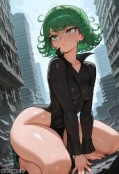 ai_generated black_dress blush breasts building curly_hair day dress female flipped_hair green_eyes green_hair high_heels high_resolution highres kneeling long_sleeves nimybotai no_panties one-punch_man outdoors parted_lips short_hair sky small_breasts solo stable_diffusion tatsumaki thick_thighs thighs