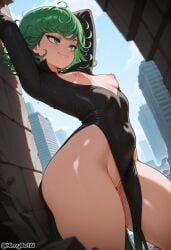 ai_generated arms_up black_dress blue_sky blush breasts breasts_out closed_mouth covered_navel curly_hair day dress female from_below green_eyes green_hair high_resolution highres long_sleeves nimybotai nipples no_panties one-punch_man outdoors pussy pussy_juice short_hair sky small_breasts smile solo stable_diffusion tatsumaki thighs