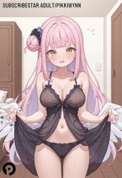 ai_generated angel_wings babydoll bangs bare_arms bare_shoulders black_bow black_panties blue_archive blush bow bow_panties breasts cameltoe cleavage collarbone cowboy_shot feathered_wings female flying_sweatdrops hair_bun hair_ornament indoors lifted_by_self lingerie long_hair looking_at_viewer low_wings medium_breasts mika_(blue_archive) navel nipples open_mouth panties pikkiwynn pink_hair see-through single_side_bun solo stomach thighs underwear underwear_only very_long_hair white_wings wings yellow_eyes