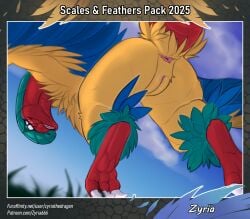 2025 3_toes anus archeops ass blue_body blue_feathers blurred_background blush claws english_text feathers feet female feral flying fossil_pokemon generation_5_pokemon genitals grass hi_res looking_at_viewer looking_back nintendo open_mouth outside plant pokemon pokemon_(species) presenting presenting_anus presenting_hindquarters presenting_vulva sky solo text toes url vulva white_sclera yellow_body yellow_feathers zyria