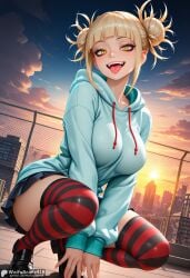 ai_generated bangs black_footwear blonde_hair blunt_bangs boku_no_hero_academia breasts cloud cute double_bun fangs female hair_bun high_resolution highres hood hood_down hoodie large_breasts long_sleeves looking_at_viewer messy_hair my_hero_academia open_mouth outdoors patreon_username pleated_skirt rooftop shoes skirt sky slit_pupils smile solo squatting stable_diffusion striped striped_thighhighs teeth thighhighs thighs toga_himiko tongue tongue_out waifuscans418 yellow_eyes