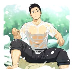 1boy barefoot black_hair blush haikyuu!! looking_at_viewer male_only mentaiko muscles nipples outdoors sawamura_daichi sitting solo tagme water wet wet_shirt