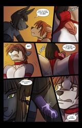 1boy 1girls ballbusting black_hair blush brown_hair canine cock_and_ball_torture comic dog domination english_text female femdom green_eyes imminent_sex jackal kadath kadath_universe lingerie lube male mammal mistress nightshade_(kadath) saliva source_request strap-on year_request