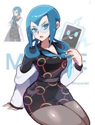 1girls black_dress blue_eyes blue_hair blue_nails blue_necktie breasts cleavage dress female glasses hair_rings highres lab_coat labcoat large_breasts long_hair long_sleeves mable_(pokemon) nail_polish necktie nintendo open_mouth pantyhose pokemon pokemon_legends:_z-a rotom rotom_phone safety_glasses touyarokii