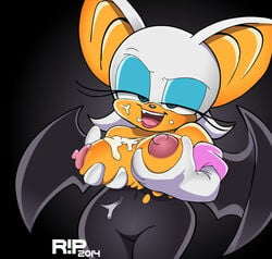 2014 2d anthro areola bat big_breasts breast_fondling breasts clothed clothing cum cum_on_breasts cum_on_face erect_nipples female fondling hand_on_breast looking_at_viewer mammal mobian mobian_(species) mobian_bat navel nipples r!p rouge_the_bat sega smile solo sonic_(series) sonic_adventure_2 sonic_the_hedgehog_(series) topless torn_clothing wings