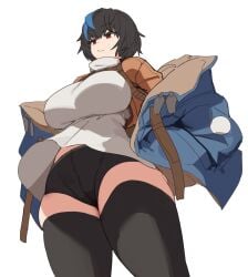 bangs big_breasts black_legwear breasts coat guilty_gear guilty_gear_strive gya_rb jacket multicolored_hair red_eyes shirt short_hair shorts stockings tagme thick_thighs thighhighs thighs unika_(guilty_gear)