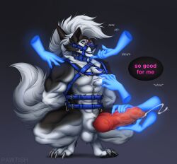 anatomically_correct anatomically_correct_genitalia animal_genitalia animal_penis anthro black_body black_fur blush bodily_fluids bondage_gear canine_genitalia canine_penis clenched_teeth crouching cum cum_on_penis cumshot disembodied_hand ejaculation finger_under_chin fur genital_fluids genitals ghost_hand hair hand_on_shoulder hands_behind_back hi_res knot knotted_penis looking_at_another male mane mane_hair multicolored_body muscular muscular_male nipple_fetish nipple_pinch nipple_play pawtish pecs penis pinch praise red_penis solo sound_effects speech_bubble stroking_penis teeth vein veiny_penis whining white_body white_fur