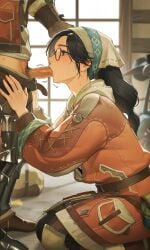 1boy 1girls ai_generated alma_(monster_hunter_wilds) black_eyes black_hair blowjob clothed_sex female glasses hand_on_head hands_on_hips headpat headscarf long_hair male monster_hunter monster_hunter_wilds motion_lines ndsilver059 oral oral_penetration oral_sex penis ponytail sex straight straight_sex tagme
