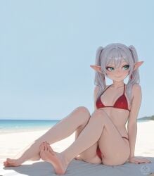 ai_art ai_assisted ai_generated ass beach blue_eyes breasts camel_toe clothing crosscrusader ear_piercing ear_ring elf feet female frieren frieren:_beyond_journey's_end hair human humanoid humanoid_pointy_ears looking_away mammal piercing red_clothing ring_piercing seaside silver_hair solo swimwear toes twintails_(hairstyle)