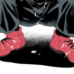 1boy ass commentary_request cum cum_in_footwear cum_on_clothes cum_on_floor itadori_yuuji jujutsu_kaisen jujutsu_tech_uniform lower_body male_focus mawaru_(ajan) red_shoes shoes short_hair solo squatting yaoi