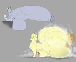 alolan_form alolan_meowth animal_genitalia anthro ass balls big_balls big_penis digitigrade duo feral fur generation_1_pokemon generation_7_pokemon genitals half-closed_eyes hi_res huge_balls huge_cock humanoid_genitalia humanoid_penis hyper hyper_balls hyper_genitalia hyper_penis loganarcania looking_at_viewer looking_back looking_back_at_viewer male multi_tail multiple_images musk musk_clouds musky_penis narrowed_eyes ninetales nintendo penis pokemon pokemon_(species) purple_body purple_fur red_sclera regional_form_(pokemon) sheath simple_background small_but_hung solo standing tail vein veiny_penis whiskers yellow_body yellow_fur