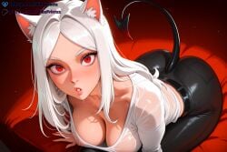 1girls ai ai_assisted ai_generated animal_ears anime artist_name ass belt black_pants blush breasts cerberus_(helltaker) cleavage collarbone covered_nipples demon_girl demon_tail dibzprintz dog_ears dog_girl fansly helltaker hi_res high_quality high_resolution highres large_breasts lips long_hair looking_at_viewer no_bra pants parted_lips patreon_username red_eyes see-through shirt sitting solo tail watermark wet wet_clothes wet_shirt white_hair white_shirt