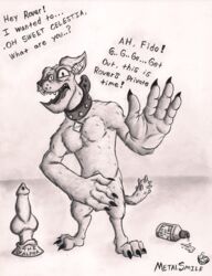 2016 3_toes animal_genitalia animal_penis anthro bottle canine canine_penis claws collar dialogue diamond_dog_(mlp) dildo embarrassing english_text erection fangs friendship_is_magic front_view fur hi_res knot looking_at_viewer lube male male_only mammal masturbation metalsmile monochrome muscular my_little_pony nude open_mouth paws pecs penis pose rover_(mlp) sex_toy shame sharp_teeth simple_background solo spread_legs spreading standing straight_hair surprised teeth text toes tongue tongue_out traditional_media_(artwork) tuft vein white_background yaoi