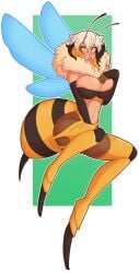 bee bee_girl big_breasts bimbo bimbo_lips breasts breasts_bigger_than_head female huge_breasts white_hair wide_hips wrenzephyr2 yellow_eyes