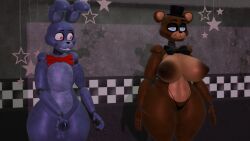 3d bonnie_(fnaf) bonnie_(mishuyuu) desperate eenepie five_nights_at_freddy's freddy_(fnaf) freddy_(mishuyuu) freddyxbonnie genderswap_(mtf) jerkingoff leaking_precum looking_at_another straight thong thong_only topless