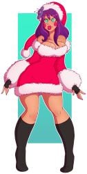 big_breasts bimbo bimbo_lips christmas christmas_headwear christmas_outfit christmas_tree flower_in_hair green_eyes hourglass_figure hourglass_figured_female purple_hair wide_hips wrenzephyr2