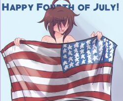 1girls 5_fingers ahoge alyssa(lewdsyrup) basic_background belly belly_button big_breasts blush breasts brown_hair covered_navel covered_nipples covering covering_breasts covering_crotch embarrassed embarrassed_nude_female enf female female_only flag fourth_of_july freckles freckles_on_breasts freckles_on_chest freckles_on_face freckles_on_shoulders front_view hair_over_eyes hiding hiding_behind_object hiding_breasts hiding_pussy high_resolution highres hips lewdsyrup light-skinned_female light_skin looking_at_viewer no_bra no_panties original original_character pussy solo solo_female suggestive suggestive_look suggestive_pose suggestive_posing teasing teasing_viewer thick thick_legs thick_thighs thighhighs thighs watermark