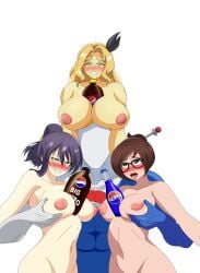 1boy 1male 3girls amazon amazon_(dragon's_crown) blush blushing_female breast_grab breasts breasts_on_head breasts_out chain_necklace crossover dragon's_crown faceless_male glasses mei_(overwatch) muscular muscular_female muscular_male naked naked_female nipples overwatch pepsi pepsiman rin_(senran_kagura) senran_kagura soda soda_bottle soda_can teacher tongue tongue_out