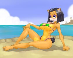 1girls anthro barefoot beach belly belly_button big_breasts bikini breasts crash_(series) dark_hair earrings eyeshadow feet female fur furry_only hips large_breasts lipstick liz_bandicoot looking_at_viewer makeup mario-grant sitting solo toe_ring