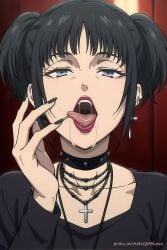 ai_generated attack_on_titan black_nail_polish black_nails goth goth_mikasa lips lipstick mikasa_ackerman mouth mouth_fetish nail_polish open_mouth pinku.ai saliva saliva_trail tongue