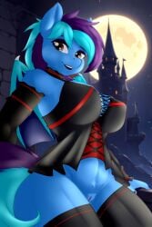 absurd_res alternative_fashion anthro bat_pony bat_wings blast_glider_(lewdavianabliss) clothed clothing digital_media_(artwork) equid fan_character female fur genitals glacialpain goth hair hasbro hi_res looking_at_viewer makeup mammal membrane_(anatomy) membranous_wings my_little_pony smile solo wings