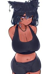 1futa animal_ears athletic_wear booty_shorts bulge_through_clothing commission commissioner_upload dark-skinned_futa dark_skin female futanari hikiart intersex penis penis_outline sanaevr sports_bra tattoo tip_peeking two_tone_hair wolf_ears wolf_girl wolf_humanoid