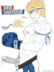balls bara boner boxing_gloves erection gomoro male male_only monochrome muscles muscular musk penis penis_out solo solo_male sweat sweating text