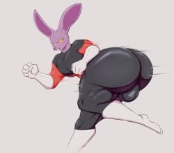 alien anthro ass backsack balls big_butt brick_break_after_dark clothing costume dragon_ball dragon_ball_super dyspo genitals hi_res huge_butt lagomorph leporid male mammal open_mouth rabbit running side_view skinsuit solo thick_thighs tight_clothing