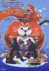 absurd_res anal anal_penetration anthro anus ass balls bandai_namco bent_over big_penis black_body black_sclera blush bodily_fluids cum cum_in_ass cum_inside digimon digimon_(species) digimon_ghost_game duo english_text erection genital_fluids genitals guilmon gulusgammamon hi_res male male/male male_penetrated male_penetrating male_penetrating_male mrt0ony orgasm penetration penile penile_penetration penis red_body sex tail text